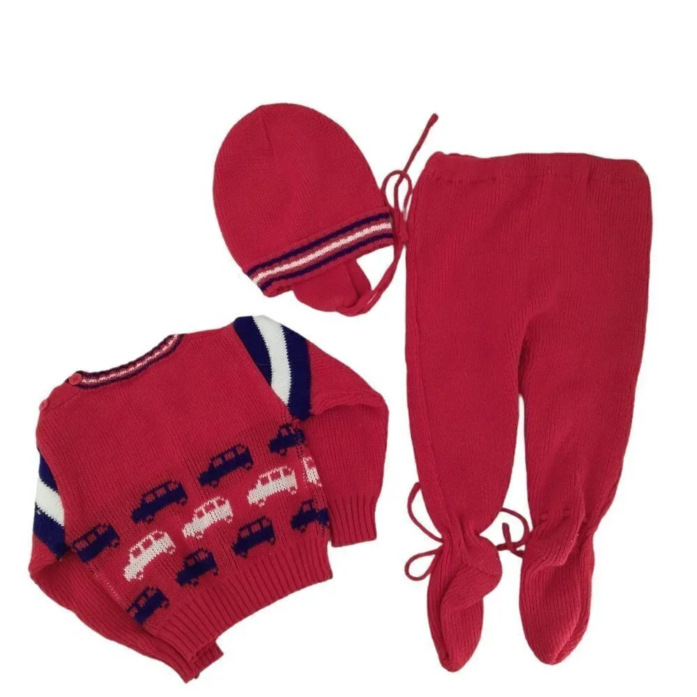 Vintage Knit Baby Outfit Size 6-12 Footie Pants Sweater Pompom Earflap Hat Cars